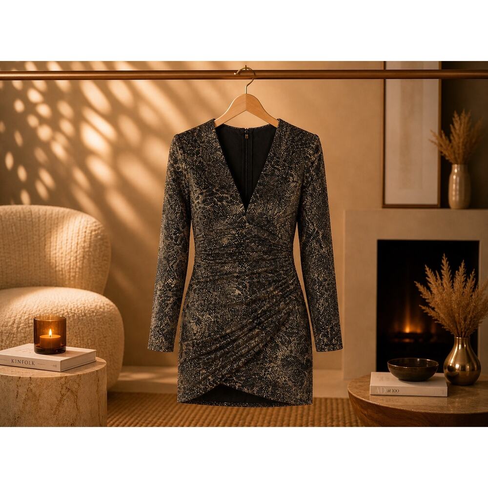 Alice + Olivia Bronze Glitter Ruched Mini Dress Animal Print Faux Wrap NWT 6